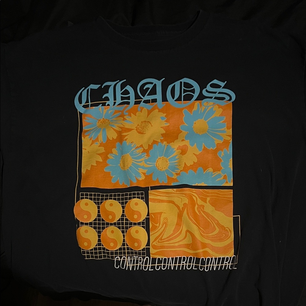 Black Graphic Tee with Floral and Yin Yang Design